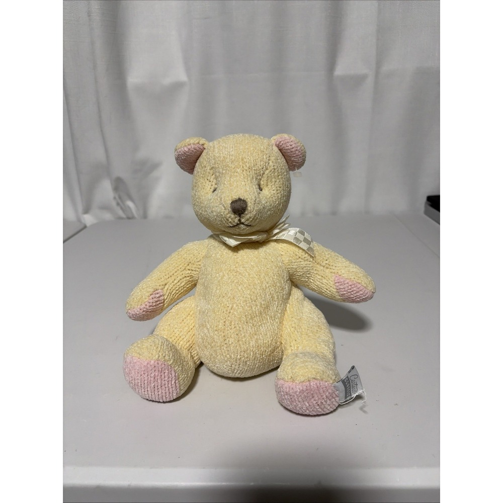 CARTER'S CLASSICS BABY CHENILLE KNIT TEDDY BEAR LOVEY PLUSH TOY Yellow/Pink Bow